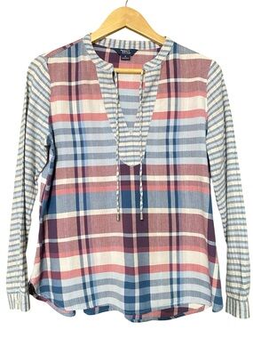 Hayes Cotton Relax Fit Plaid Long-Sleeve V-Neck Top in Red, White & Blue